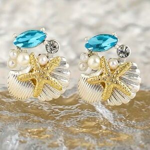 14K Gold Stud Ocean Starfish Shell Pearl Earrings